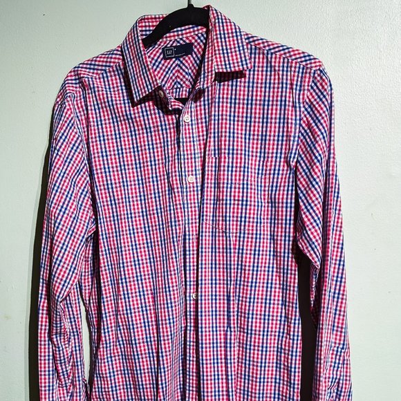 Gap mens medium  red white blue gingham patterned button up shirt - Picture 2 of 10